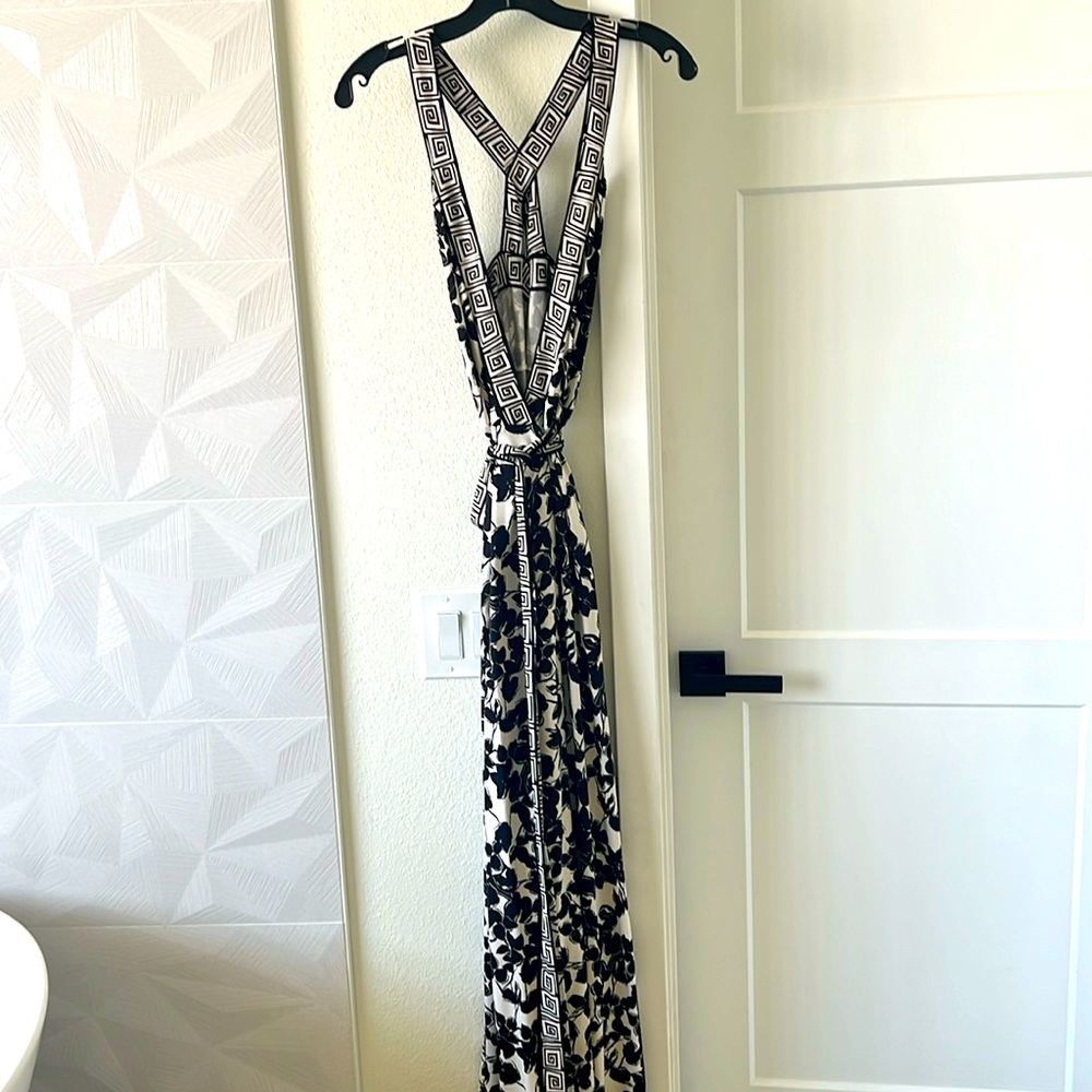 Diane Von Furstenberg Black and Cream Plunge Maxi Gown